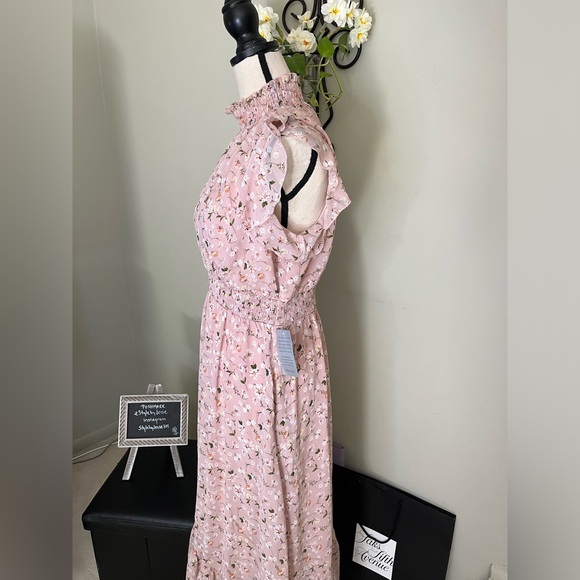 Melloday Smocked Mock Neck Tiered Pink Floral Maxi Dress - NWT, size XL - Picture 8 of 13